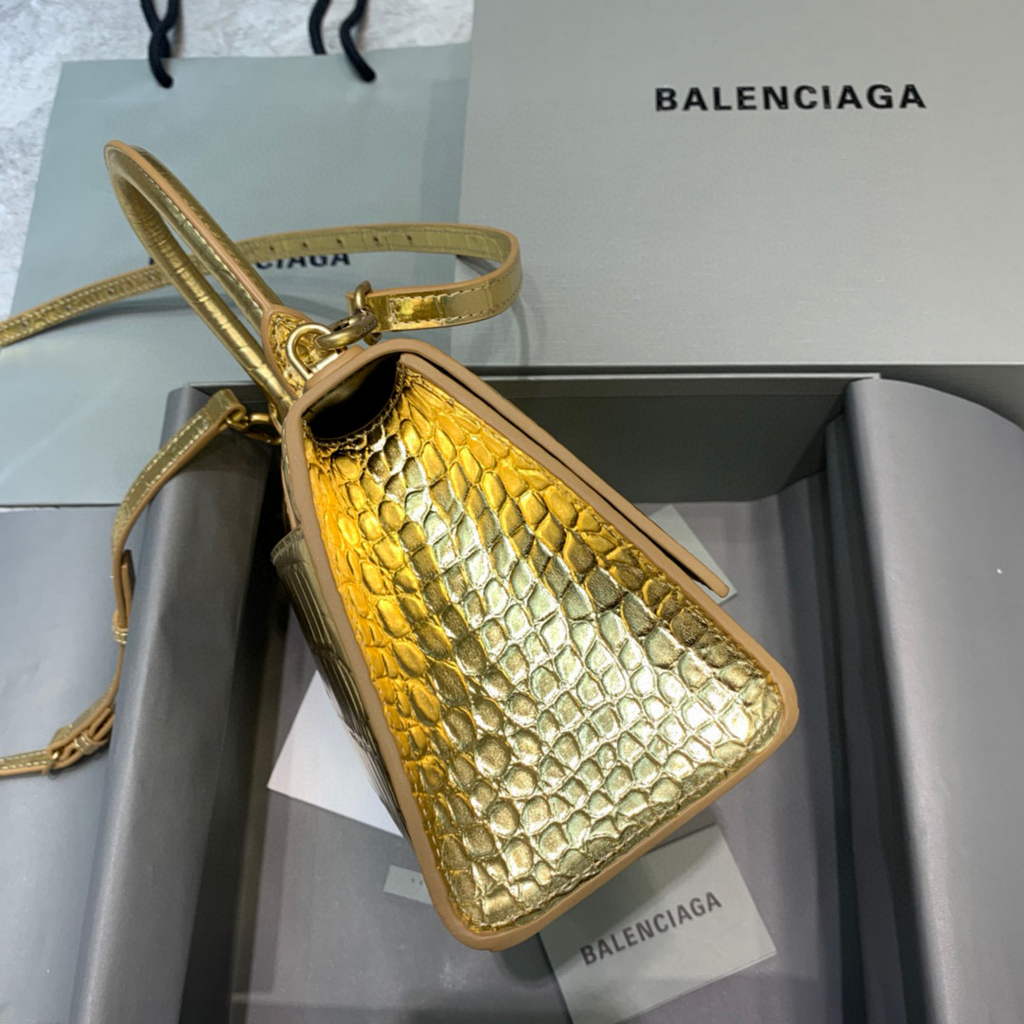 Balenciaga 593546 Hourglass Small Top Handle Crocodile Bag Gold