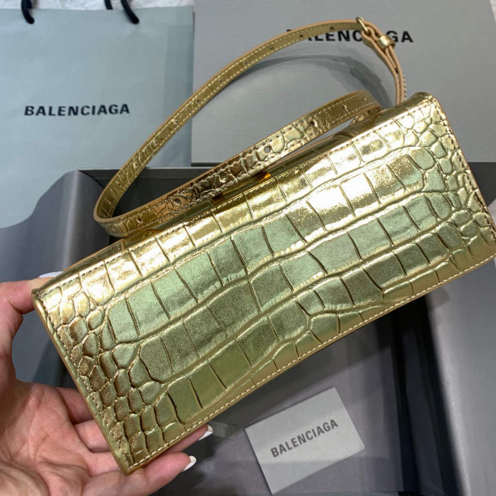 Balenciaga 593546 Hourglass Small Top Handle Crocodile Bag Gold
