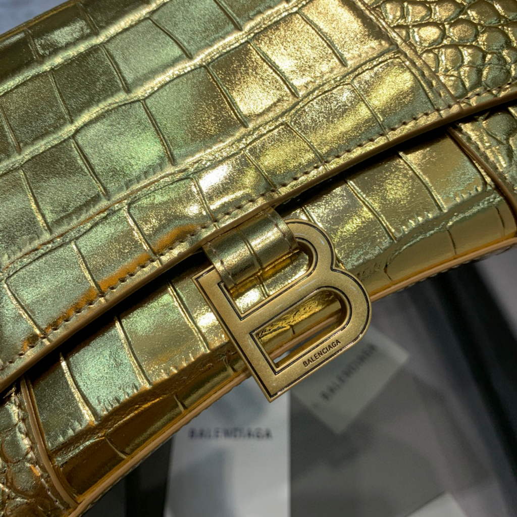 Balenciaga 593546 Hourglass Small Top Handle Crocodile Bag Gold