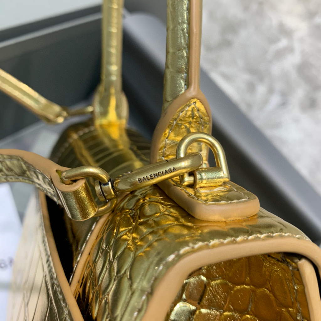 Balenciaga 593546 Hourglass Small Top Handle Crocodile Bag Gold