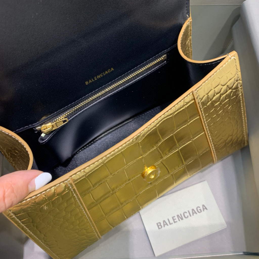 Balenciaga 593546 Hourglass Small Top Handle Crocodile Bag Gold