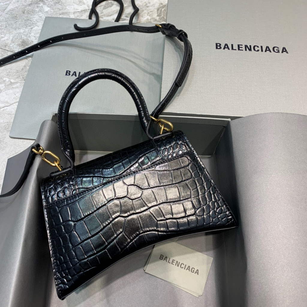 Balenciaga 593546 Hourglass Small Top Handle Crocodile Bag Black Gold