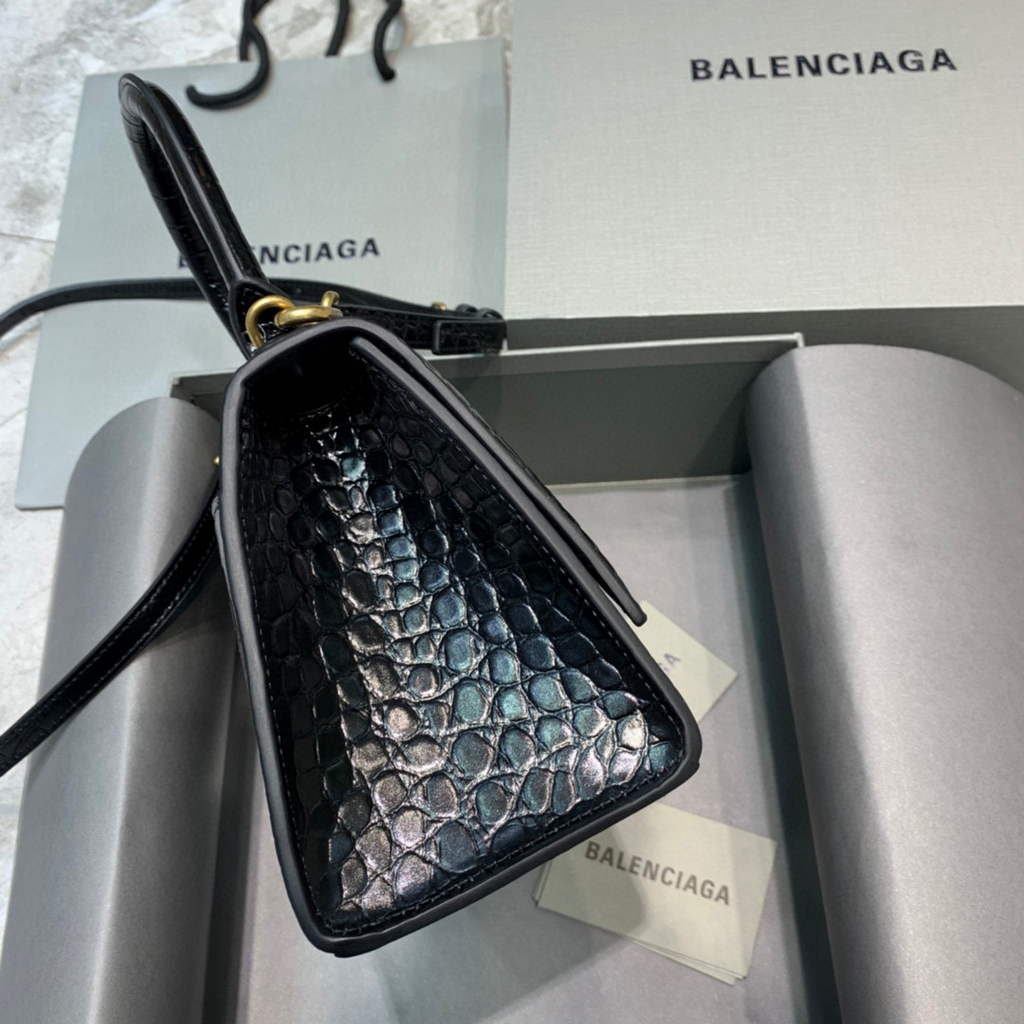 Balenciaga 593546 Hourglass Small Top Handle Crocodile Bag Black Gold
