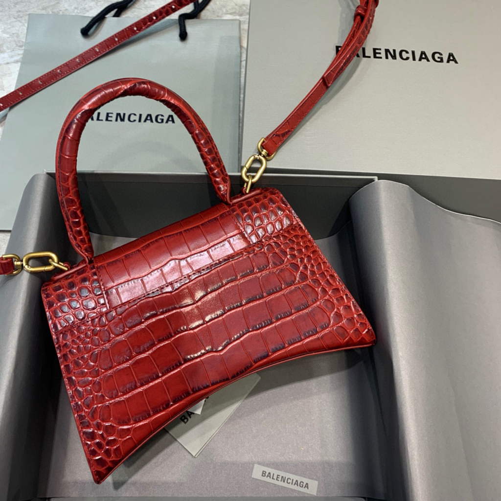 Balenciaga 593546 Hourglass Small Top Handle Crocodile Bag Red