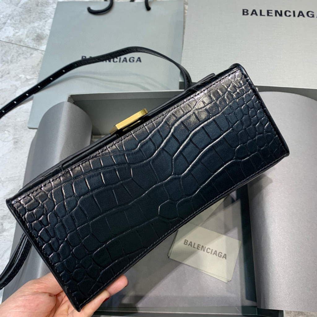 Balenciaga 593546 Hourglass Small Top Handle Crocodile Bag Black Gold
