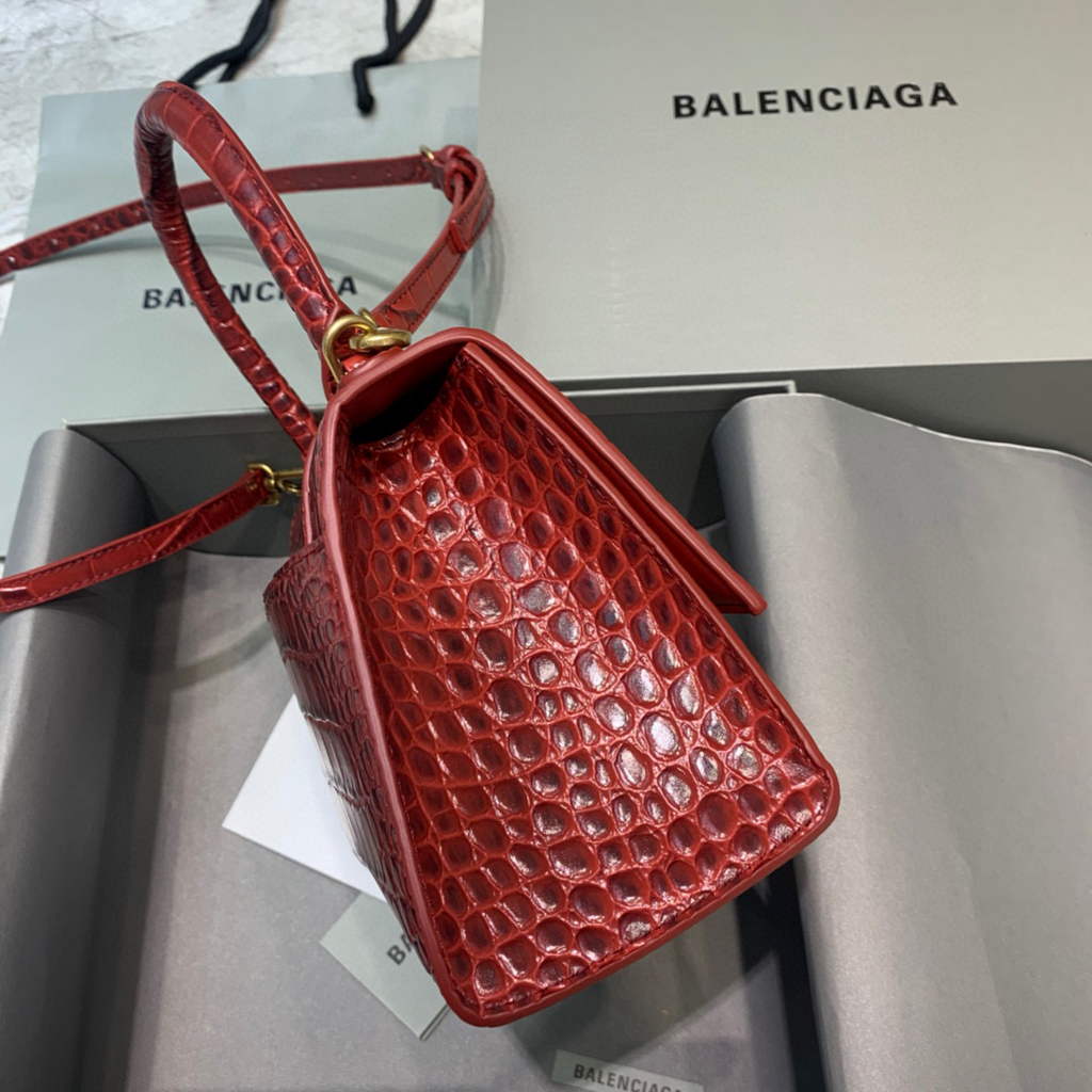 Balenciaga 593546 Hourglass Small Top Handle Crocodile Bag Red