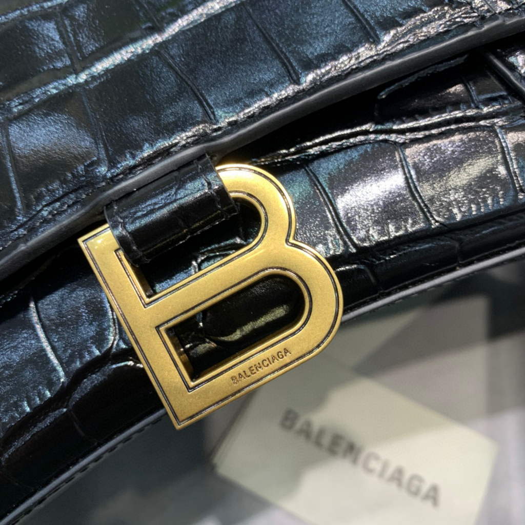 Balenciaga 593546 Hourglass Small Top Handle Crocodile Bag Black Gold