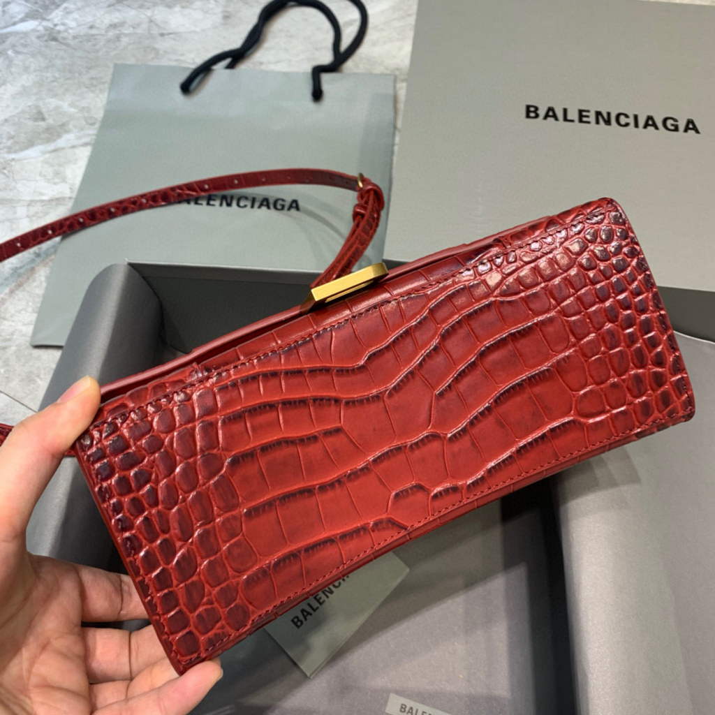 Balenciaga 593546 Hourglass Small Top Handle Crocodile Bag Red