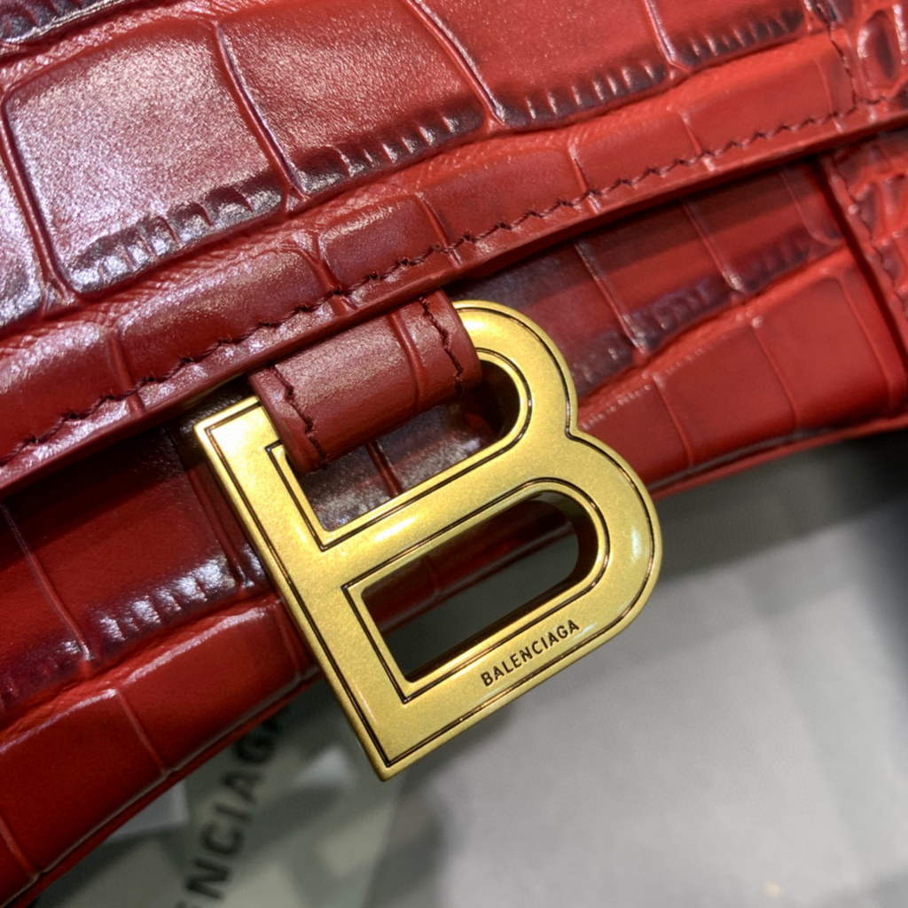 Balenciaga 593546 Hourglass Small Top Handle Crocodile Bag Red