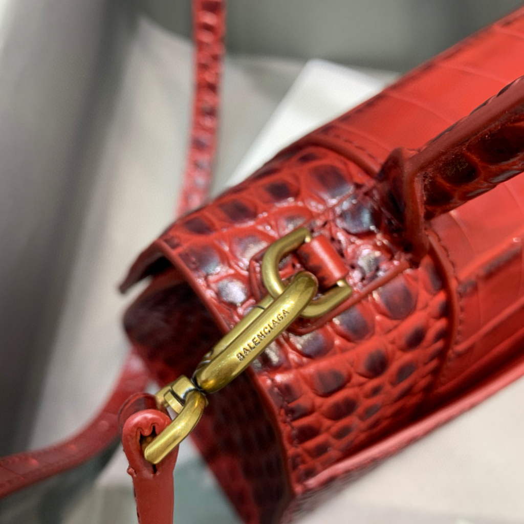 Balenciaga 593546 Hourglass Small Top Handle Crocodile Bag Red