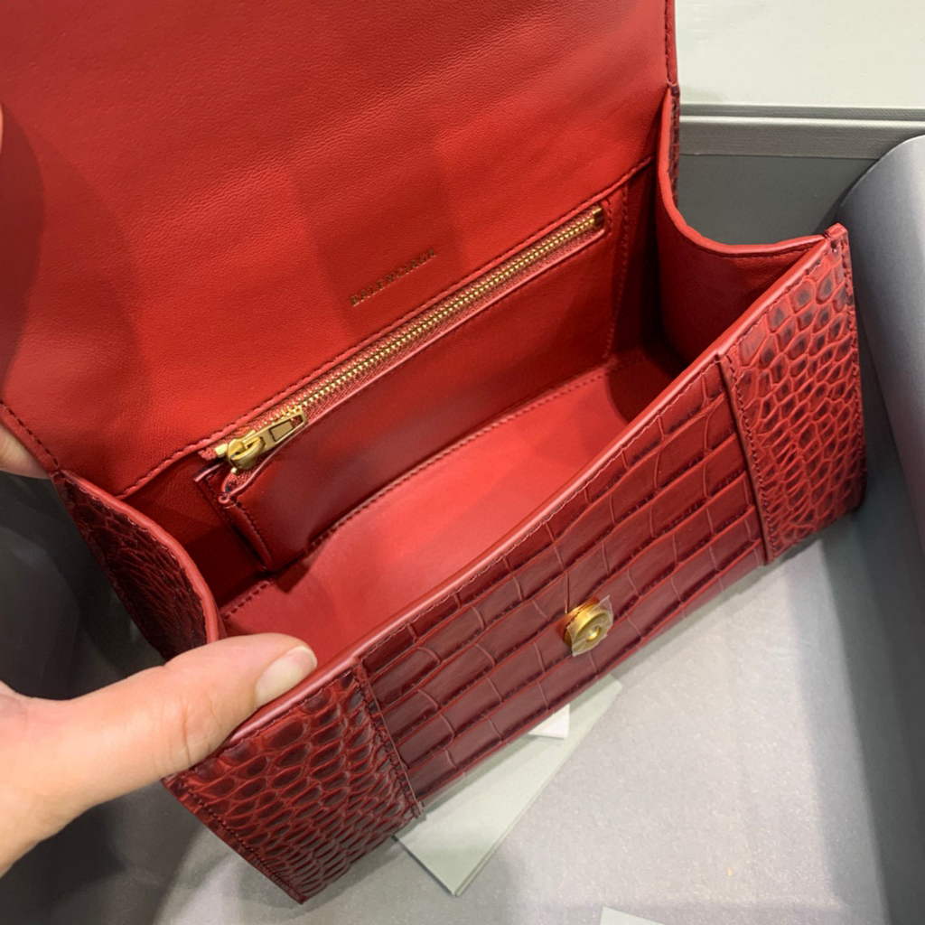 Balenciaga 593546 Hourglass Small Top Handle Crocodile Bag Red