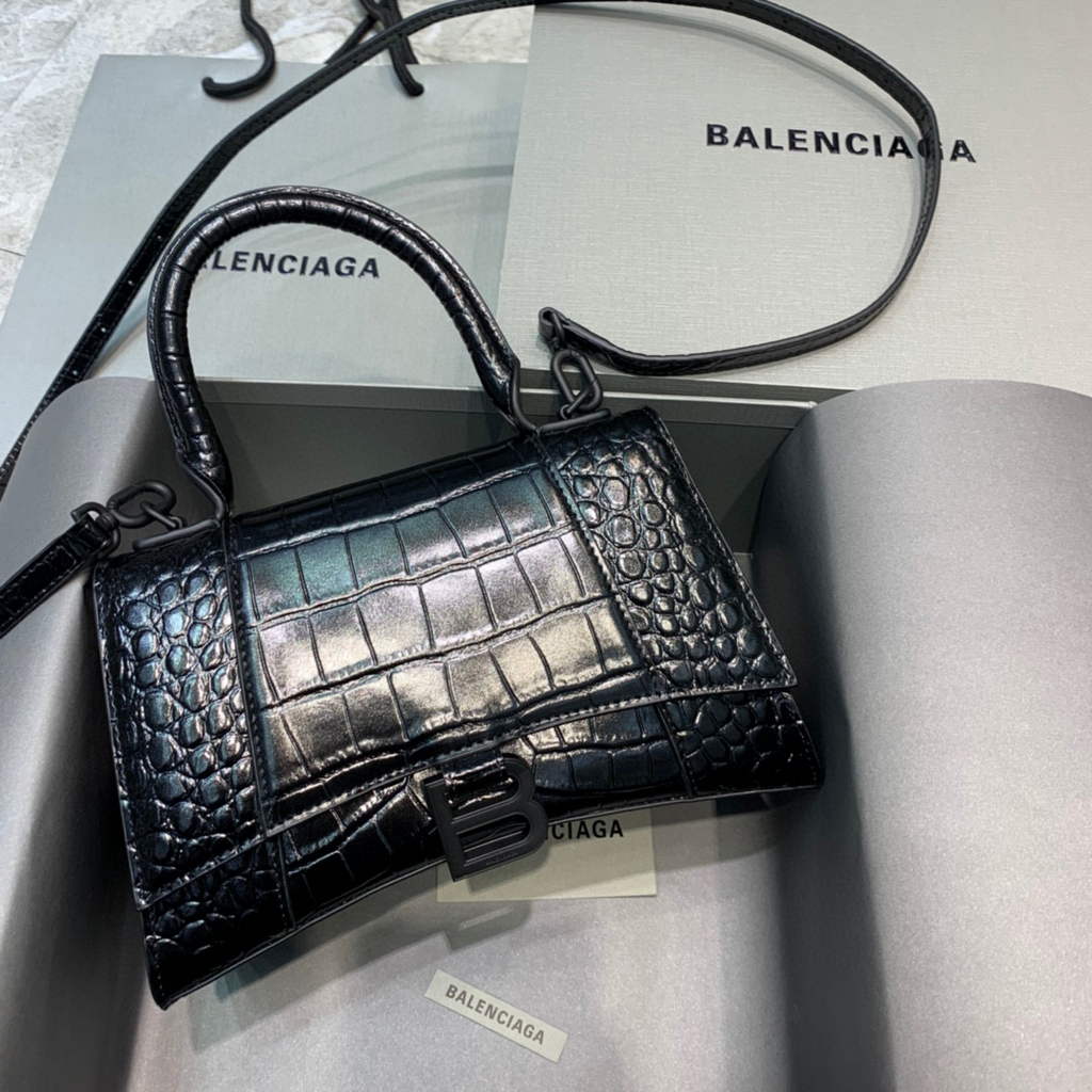 Balenciaga 593546 Hourglass Small Top Handle Crocodile Bag Black