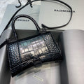 Balenciaga 593546 Hourglass Small Top Handle Crocodile Bag Black