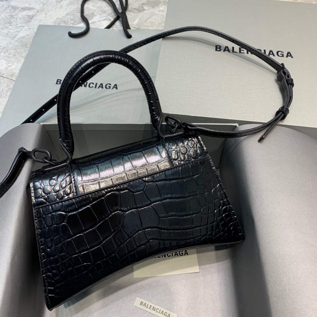 Balenciaga 593546 Hourglass Small Top Handle Crocodile Bag Black