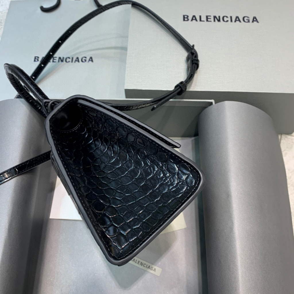 Balenciaga 593546 Hourglass Small Top Handle Crocodile Bag Black