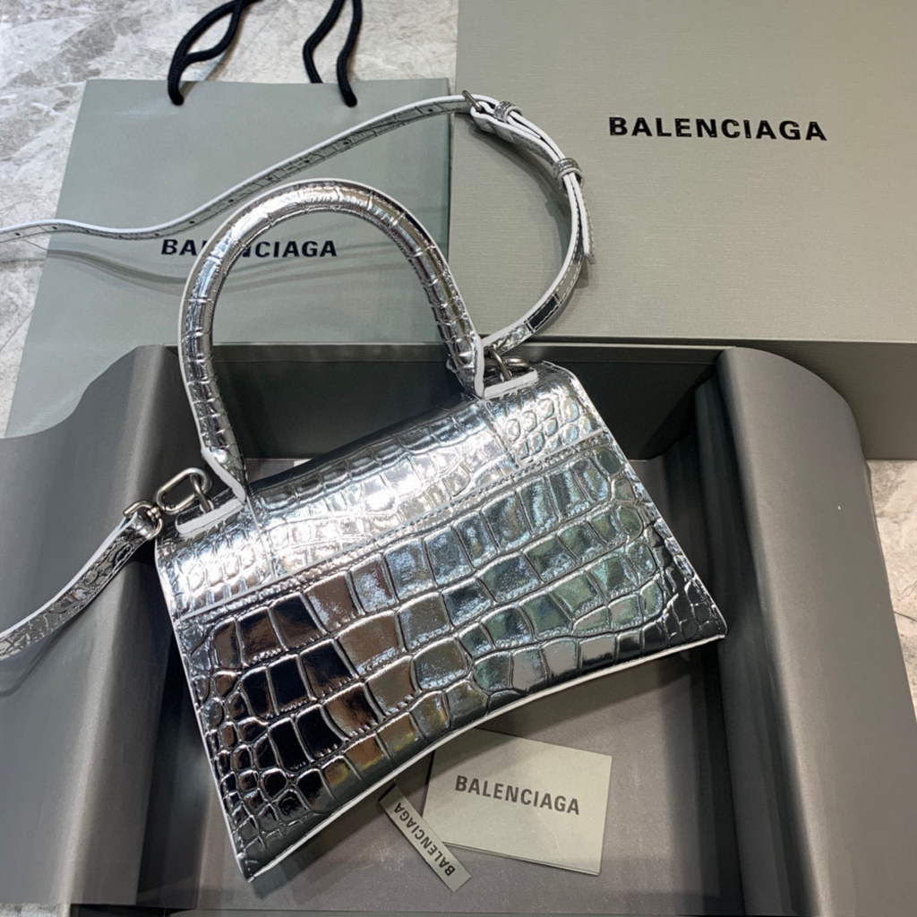 Balenciaga 593546 Hourglass Small Top Handle Crocodile Bag Silver