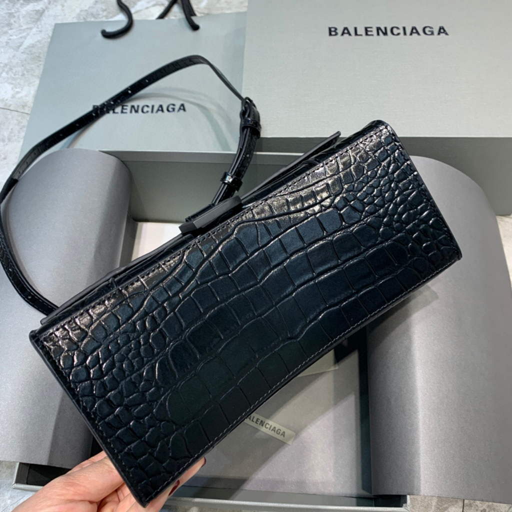 Balenciaga 593546 Hourglass Small Top Handle Crocodile Bag Black
