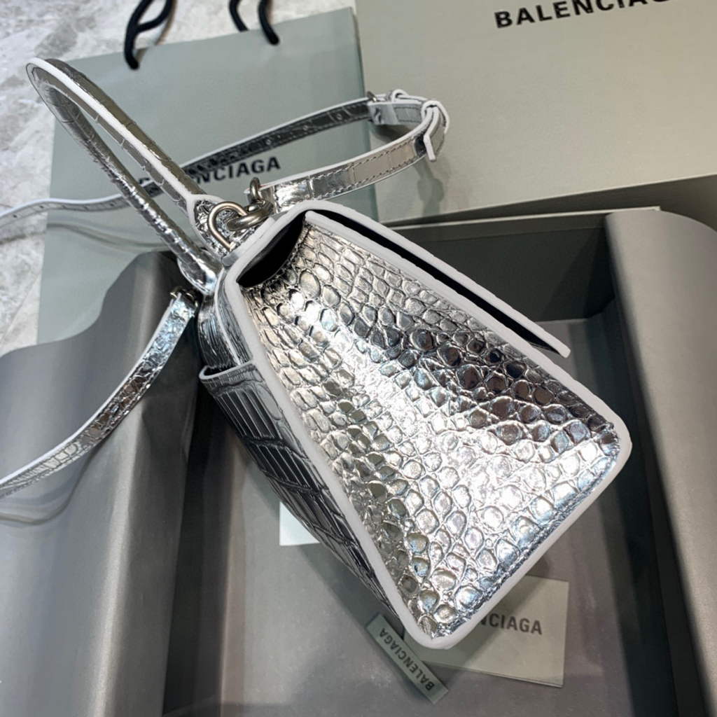 Balenciaga 593546 Hourglass Small Top Handle Crocodile Bag Silver