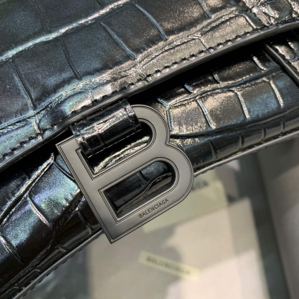 Balenciaga 593546 Hourglass Small Top Handle Crocodile Bag Black
