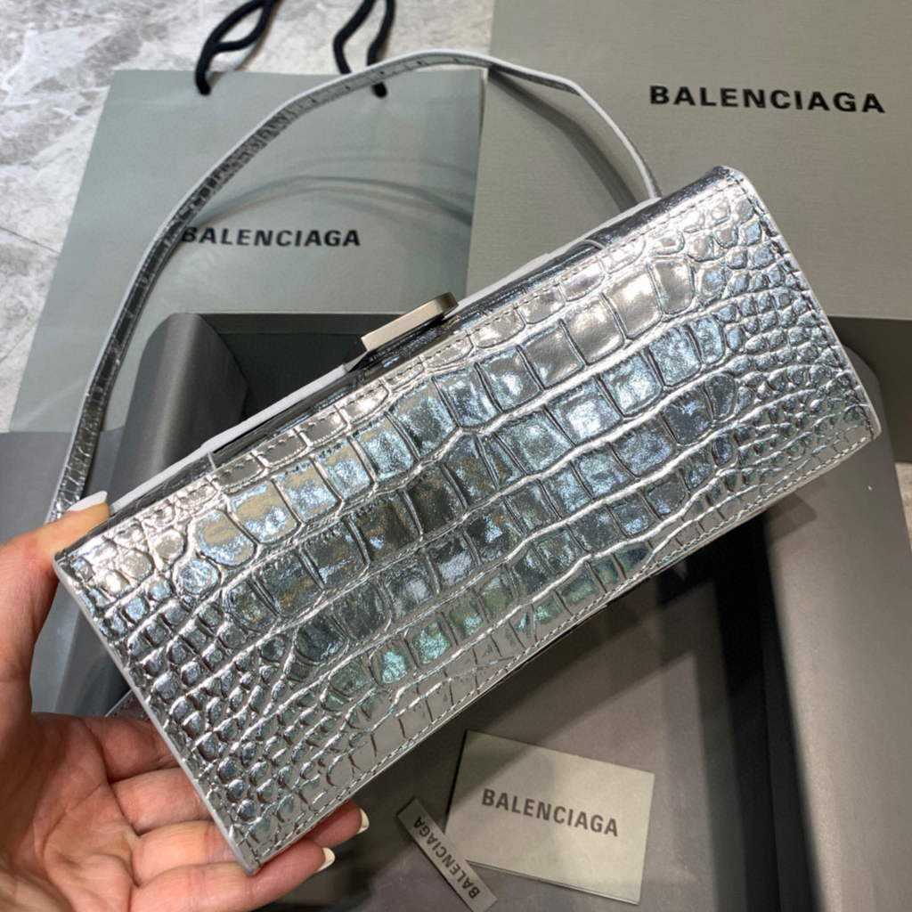 Balenciaga 593546 Hourglass Small Top Handle Crocodile Bag Silver