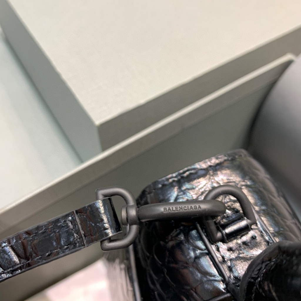 Balenciaga 593546 Hourglass Small Top Handle Crocodile Bag Black