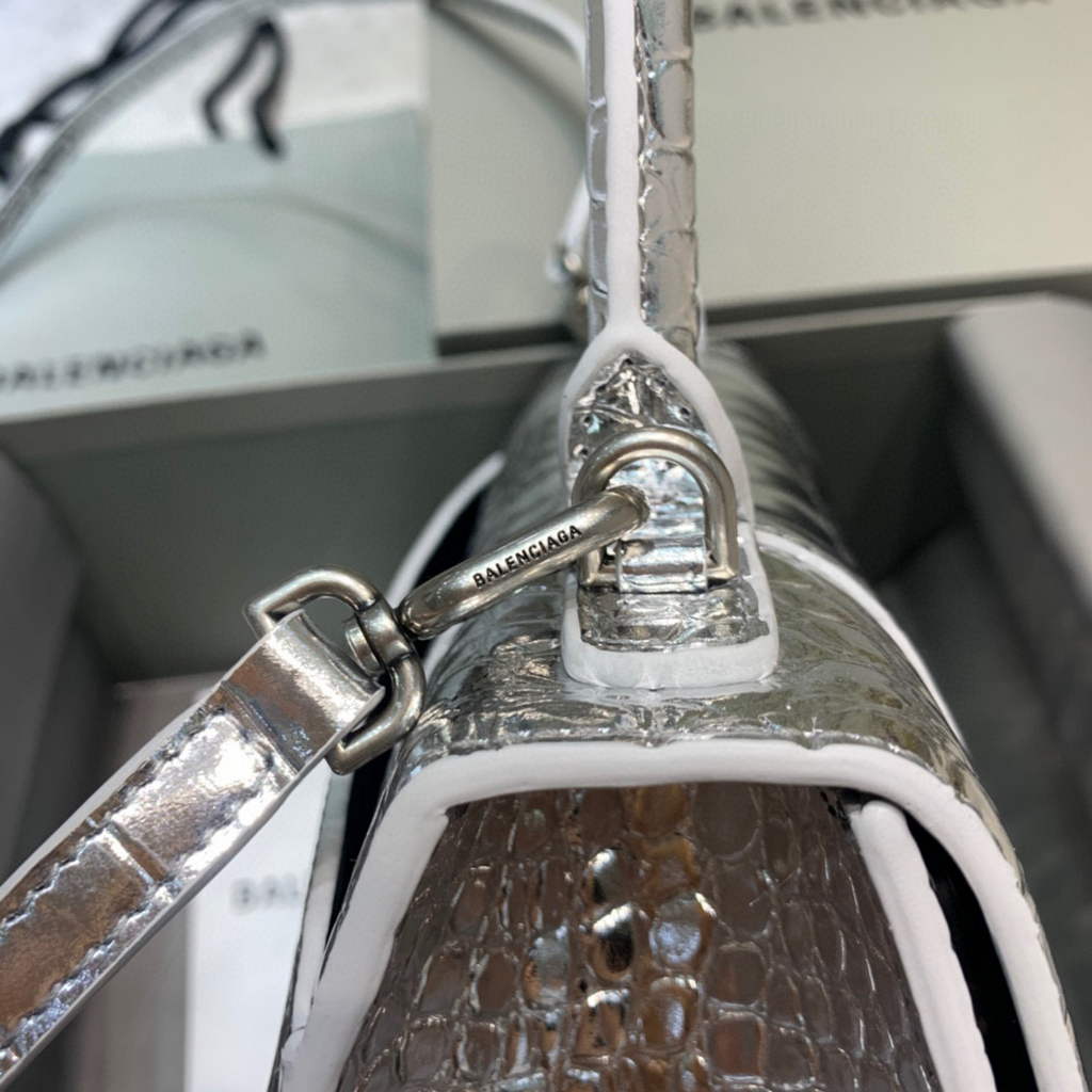 Balenciaga 593546 Hourglass Small Top Handle Crocodile Bag Silver