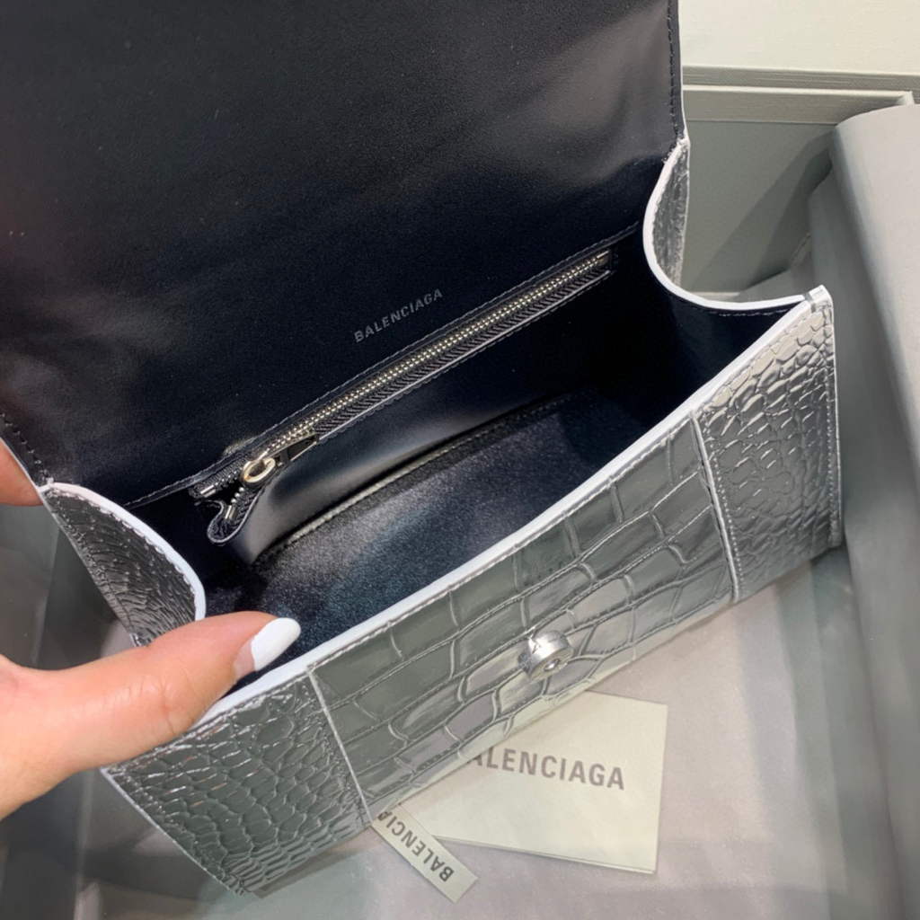 Balenciaga 593546 Hourglass Small Top Handle Crocodile Bag Silver