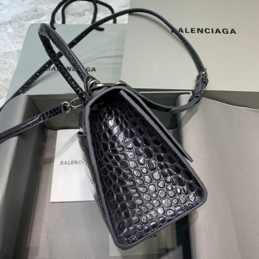 Balenciaga 593546 Hourglass Small Top Handle Crocodile Bag Black Silver