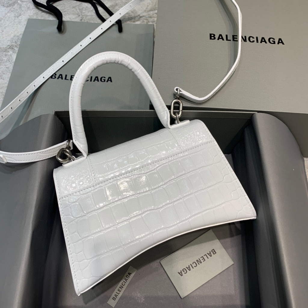 Balenciaga 593546 Hourglass Small Top Handle Crocodile Bag White