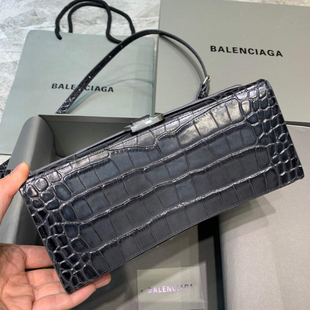 Balenciaga 593546 Hourglass Small Top Handle Crocodile Bag Black Silver