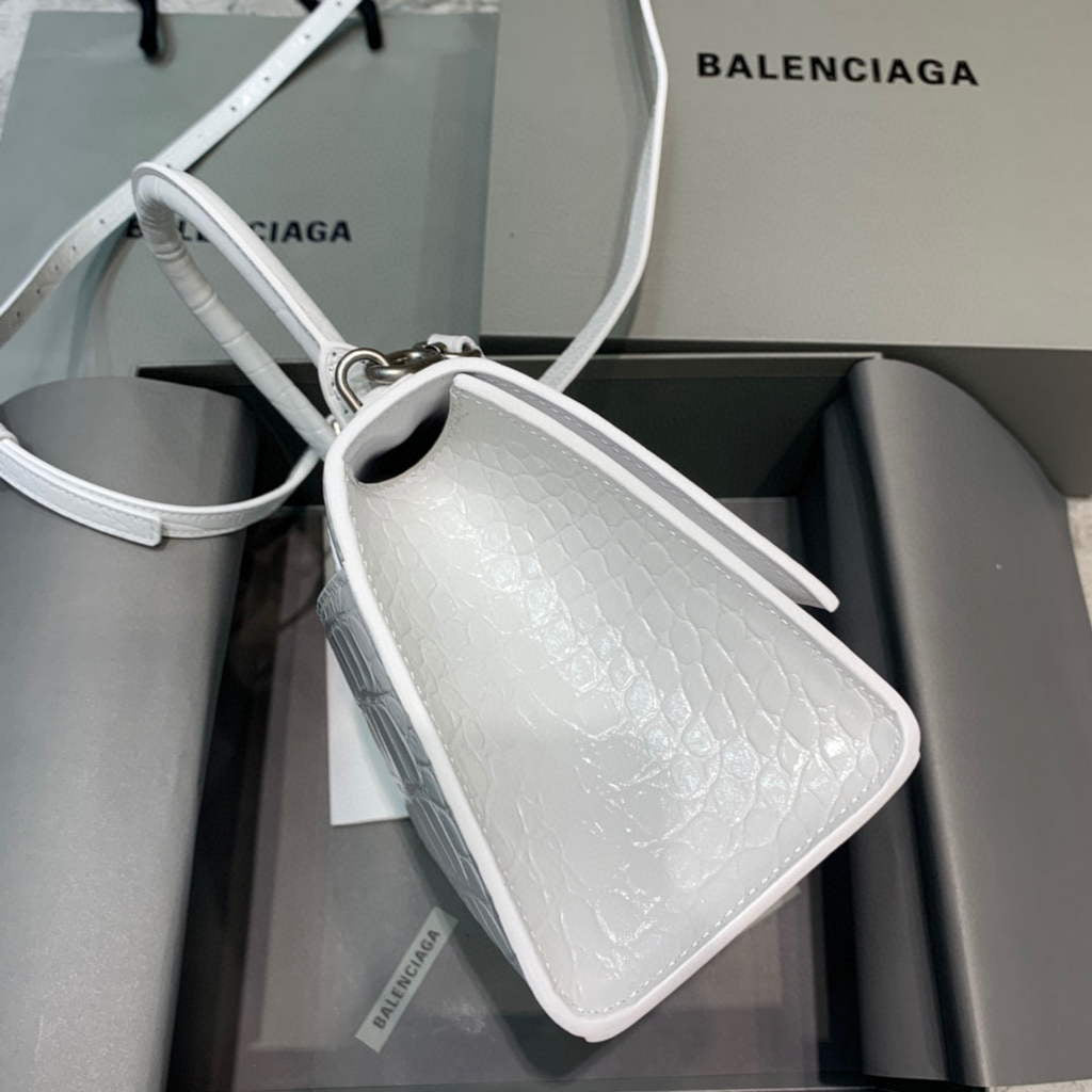 Balenciaga 593546 Hourglass Small Top Handle Crocodile Bag White