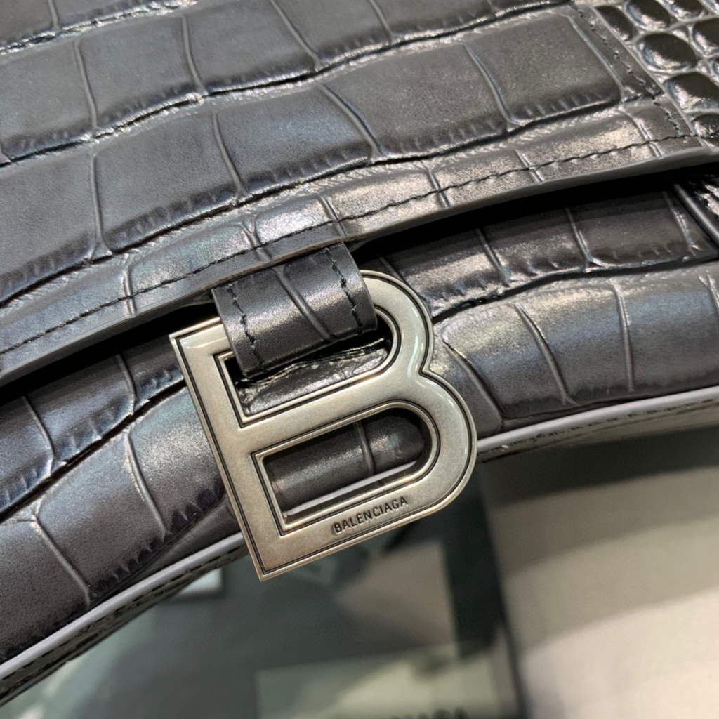Balenciaga 593546 Hourglass Small Top Handle Crocodile Bag Black Silver