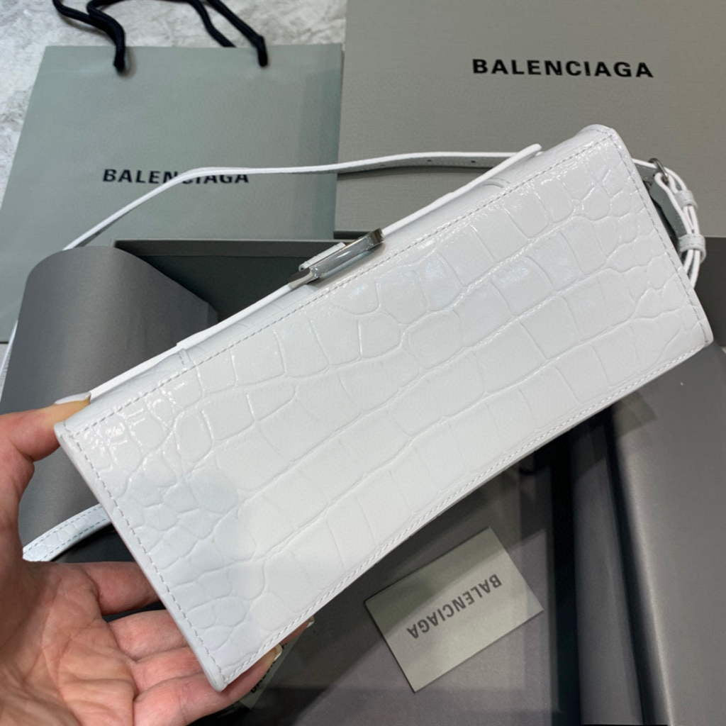Balenciaga 593546 Hourglass Small Top Handle Crocodile Bag White