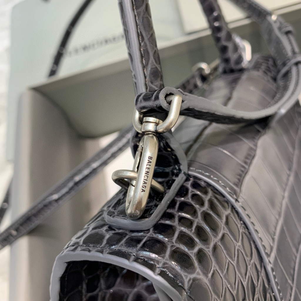 Balenciaga 593546 Hourglass Small Top Handle Crocodile Bag Black Silver