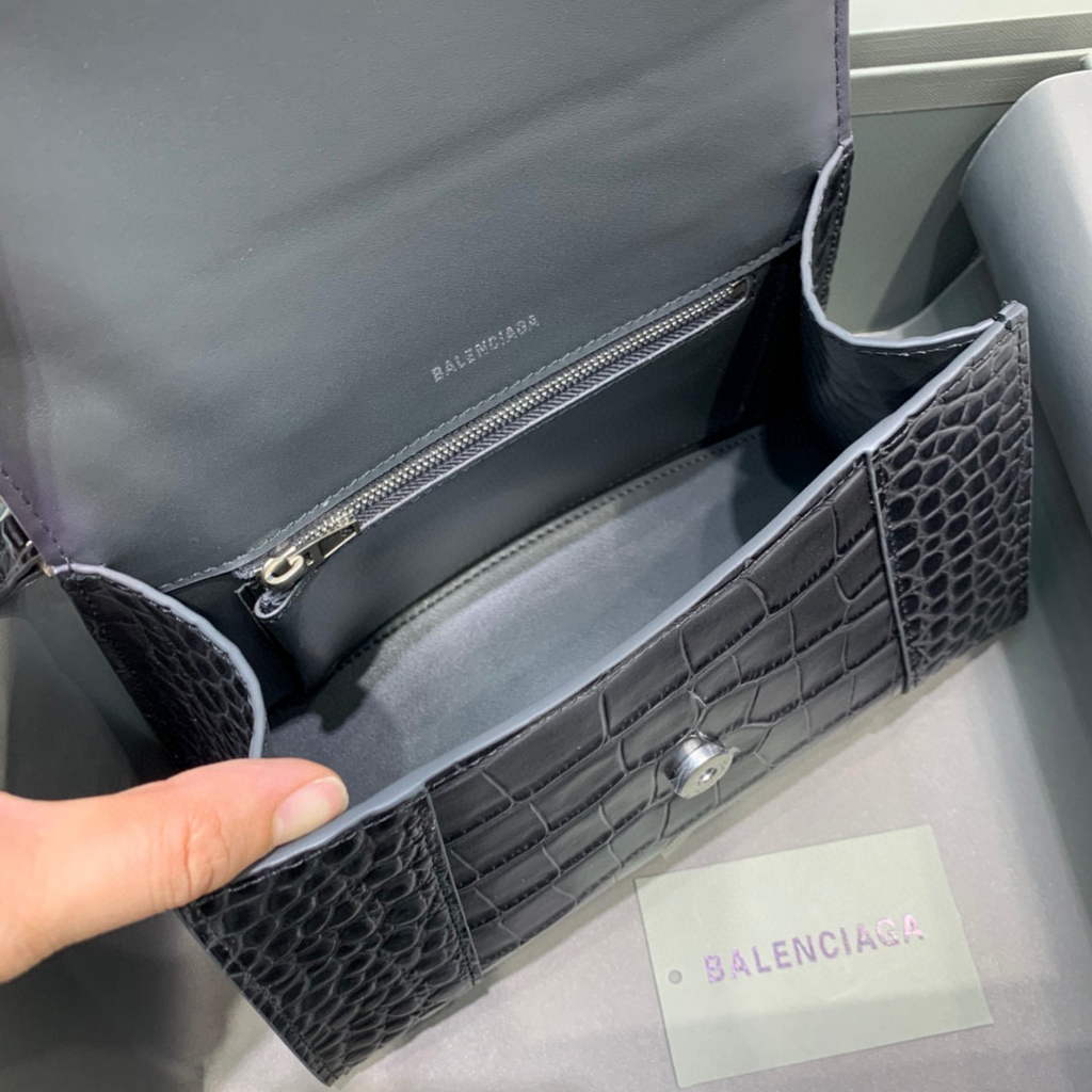Balenciaga 593546 Hourglass Small Top Handle Crocodile Bag Black Silver