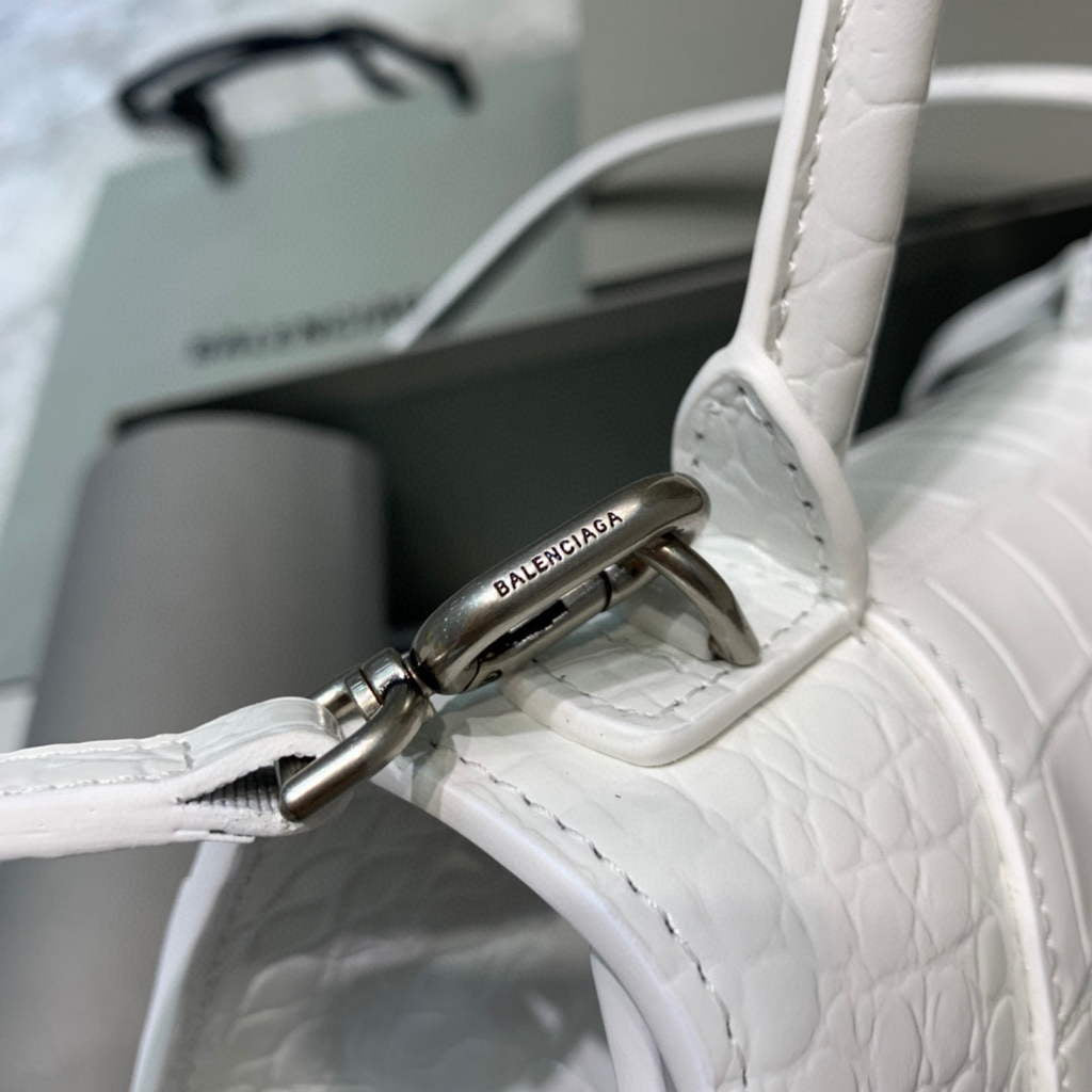 Balenciaga 593546 Hourglass Small Top Handle Crocodile Bag White