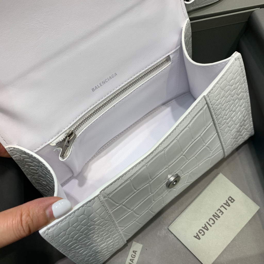 Balenciaga 593546 Hourglass Small Top Handle Crocodile Bag White