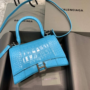 Balenciaga 593546 Hourglass Small Top Handle Crocodile Bag Blue Silver - Default Title - View 1
