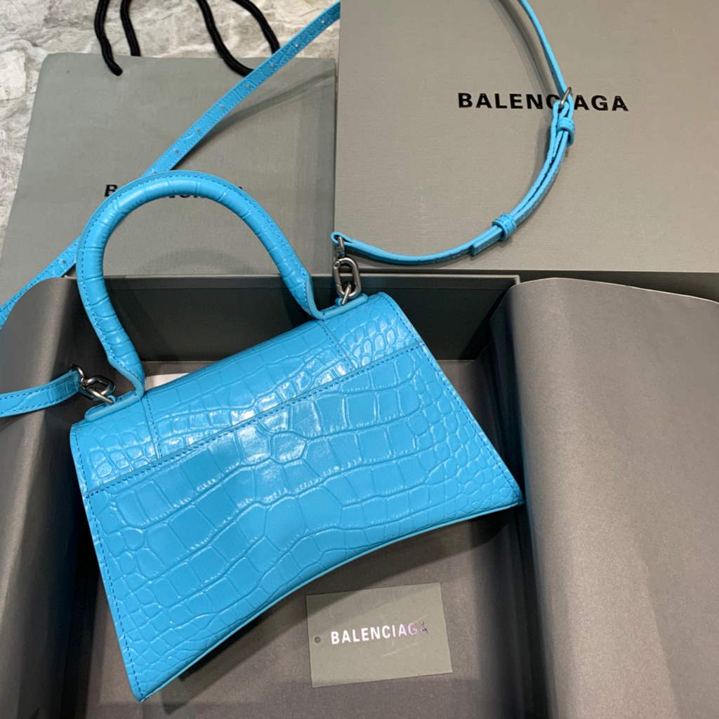 Balenciaga 593546 Hourglass Small Top Handle Crocodile Bag Blue Silver