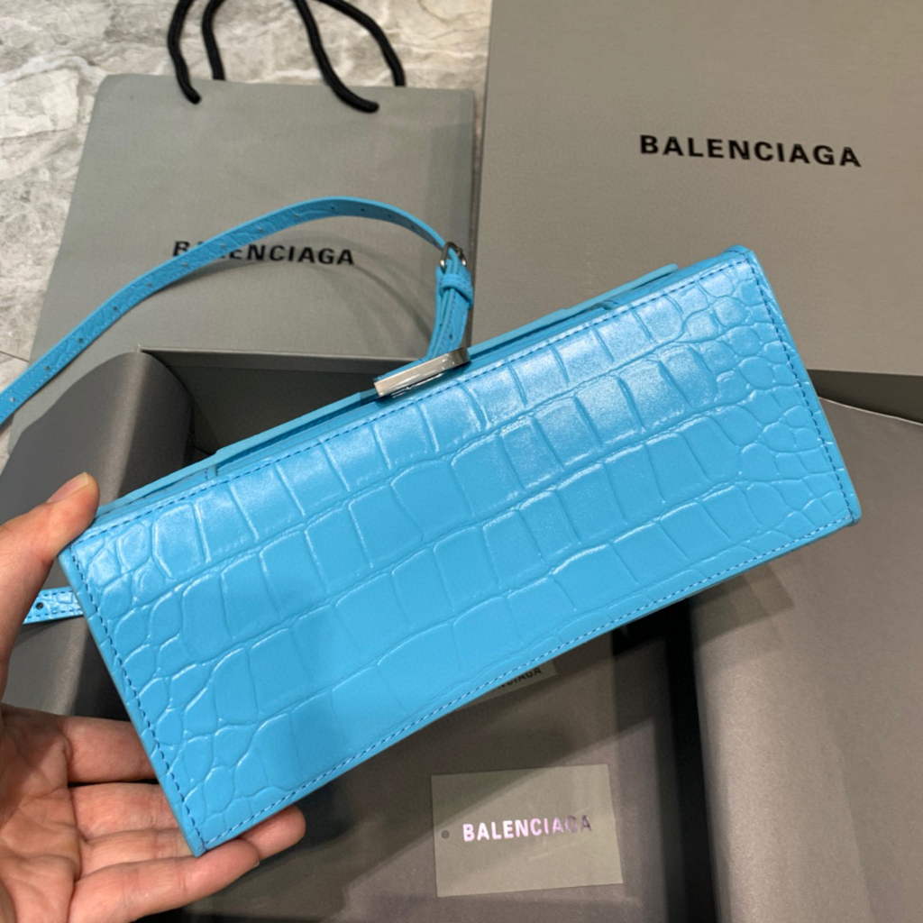 Balenciaga 593546 Hourglass Small Top Handle Crocodile Bag Blue Silver
