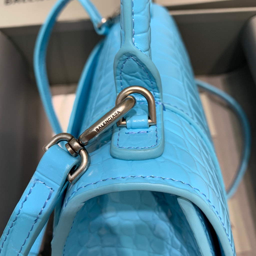 Balenciaga 593546 Hourglass Small Top Handle Crocodile Bag Blue Silver