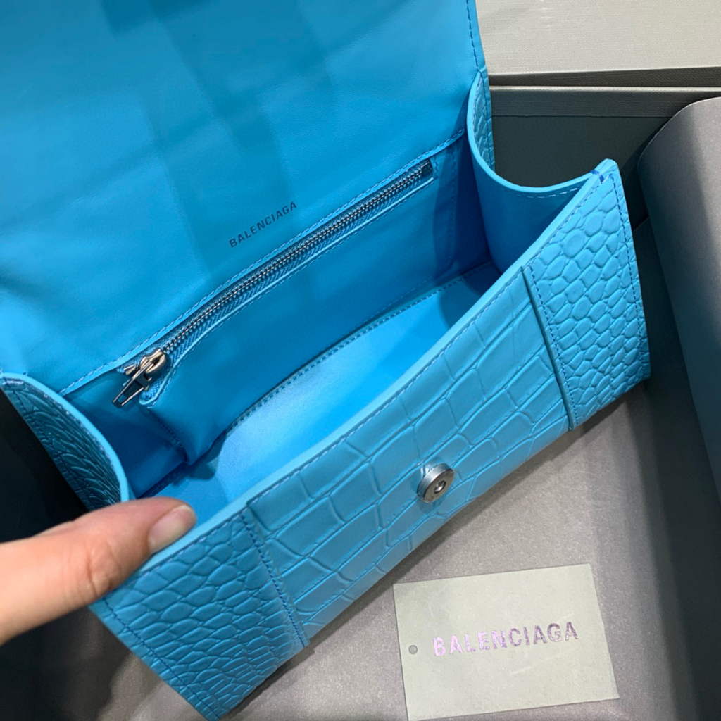 Balenciaga 593546 Hourglass Small Top Handle Crocodile Bag Blue Silver