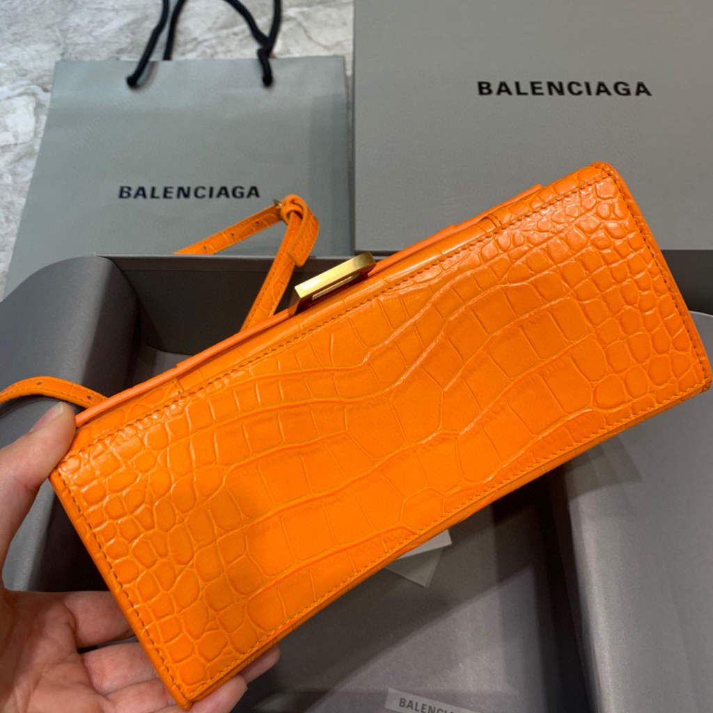 Balenciaga 593546 Hourglass Small Top Handle Crocodile Bag Orange Gold
