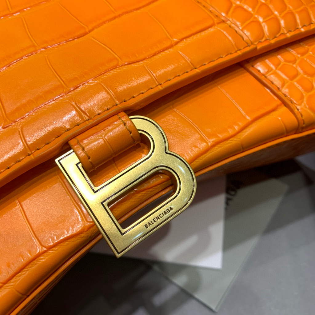 Balenciaga 593546 Hourglass Small Top Handle Crocodile Bag Orange Gold