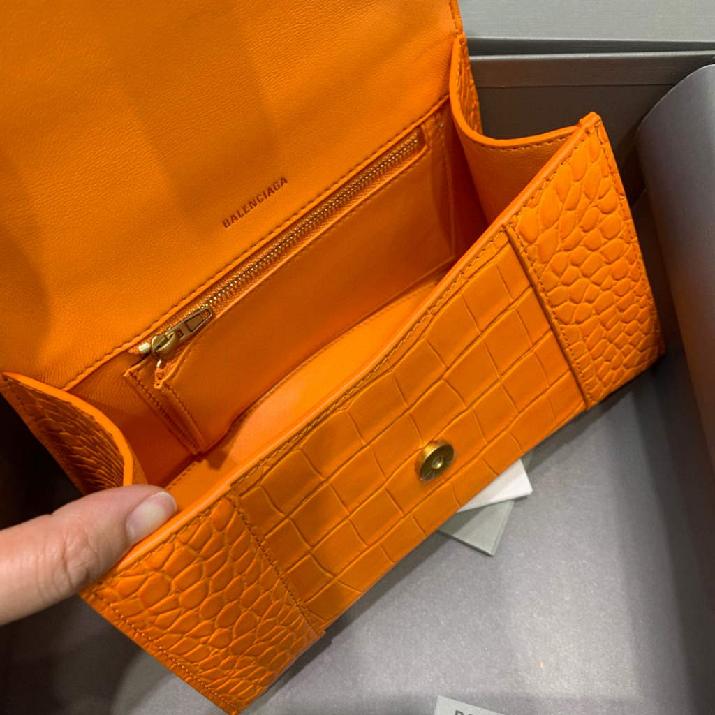 Balenciaga 593546 Hourglass Small Top Handle Crocodile Bag Orange Gold