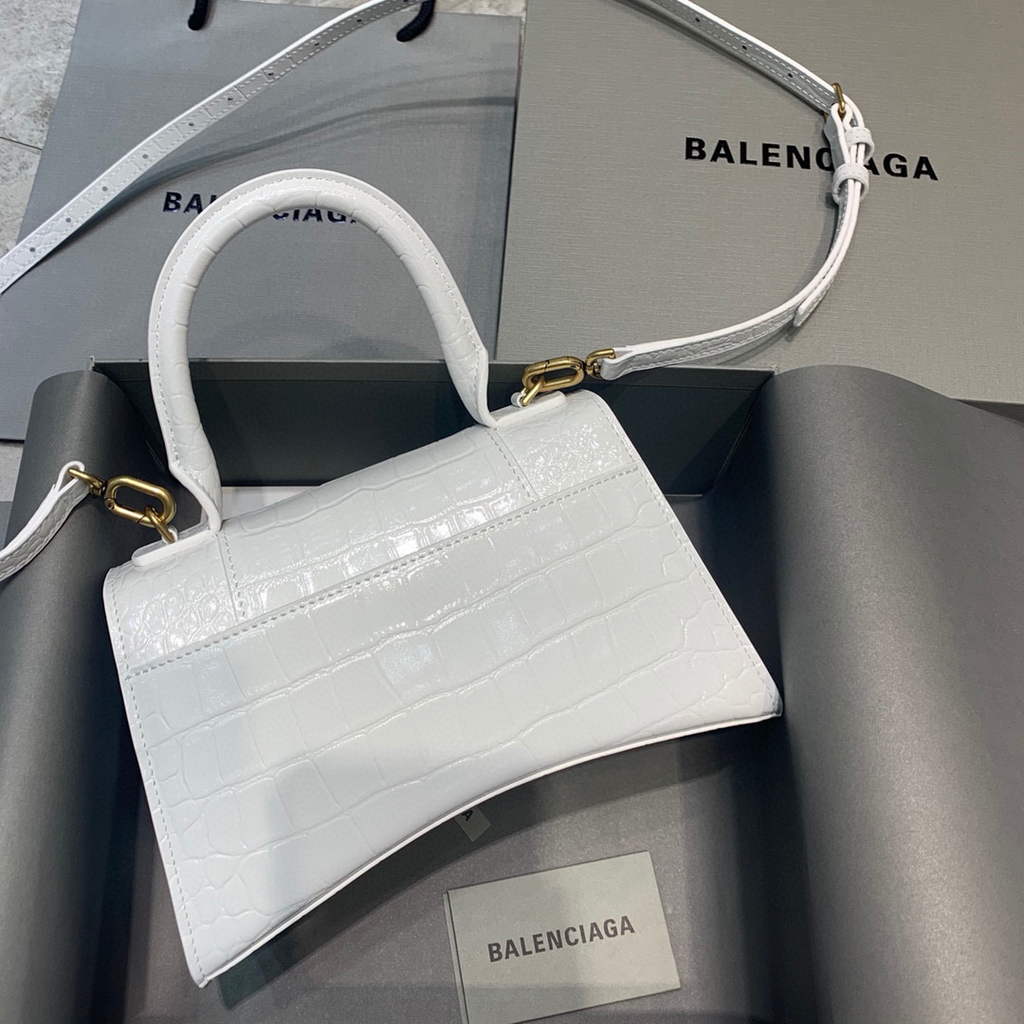 Balenciaga 593546 Hourglass Small Top Handle Crocodile Bag White Gold