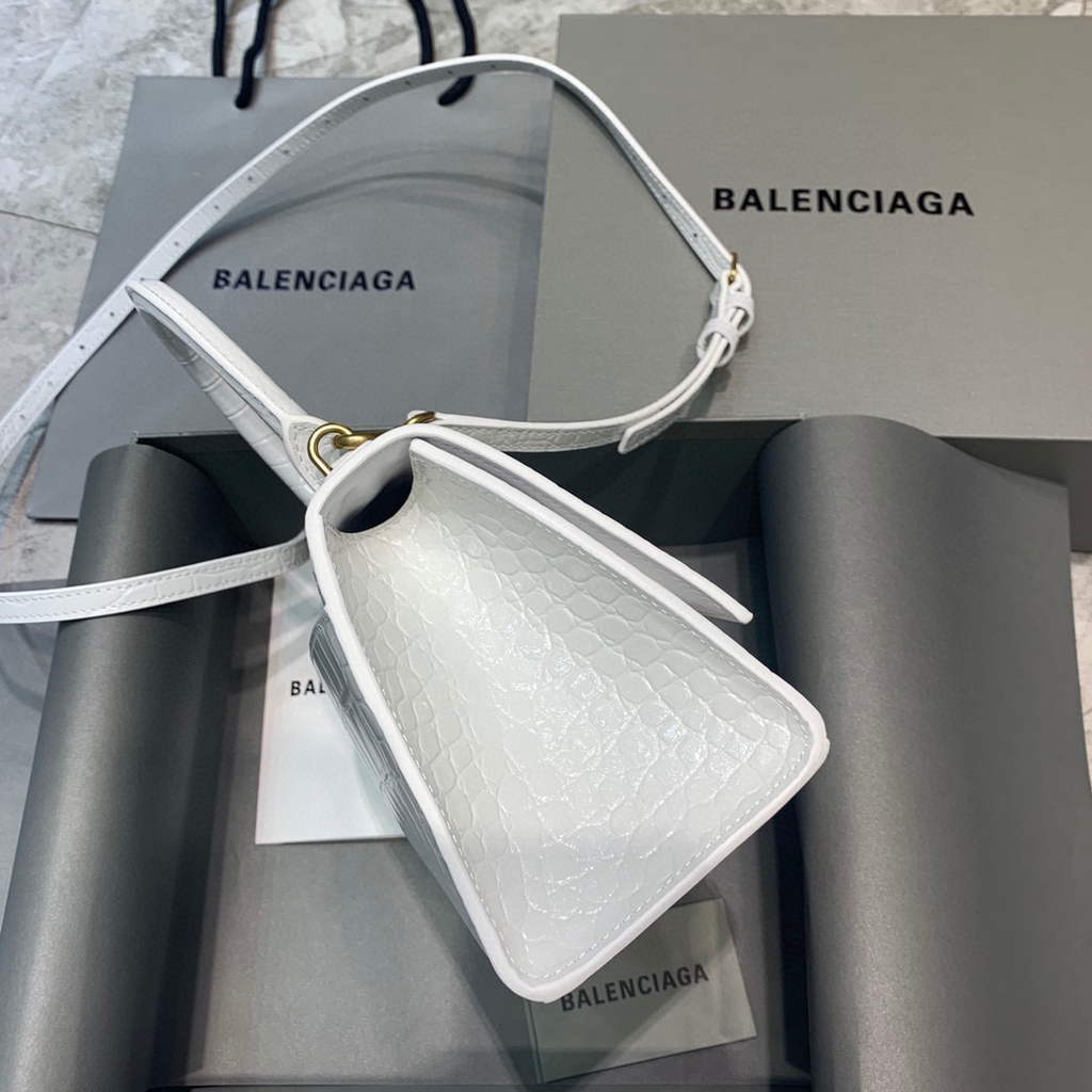 Balenciaga 593546 Hourglass Small Top Handle Crocodile Bag White Gold