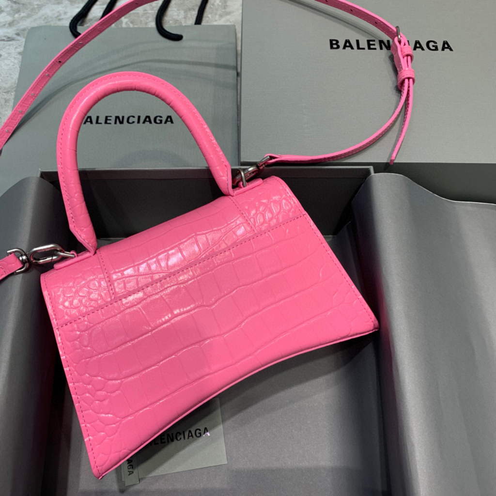 Balenciaga 593546 Hourglass Small Top Handle Crocodile Bag Pink