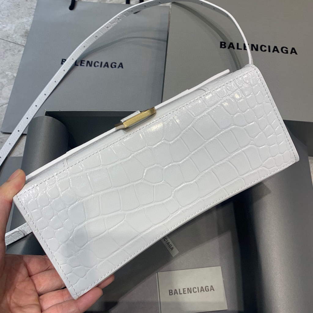 Balenciaga 593546 Hourglass Small Top Handle Crocodile Bag White Gold