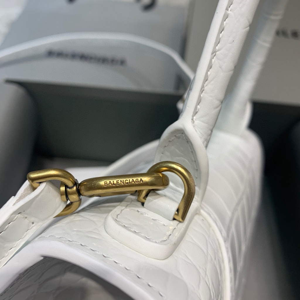 Balenciaga 593546 Hourglass Small Top Handle Crocodile Bag White Gold
